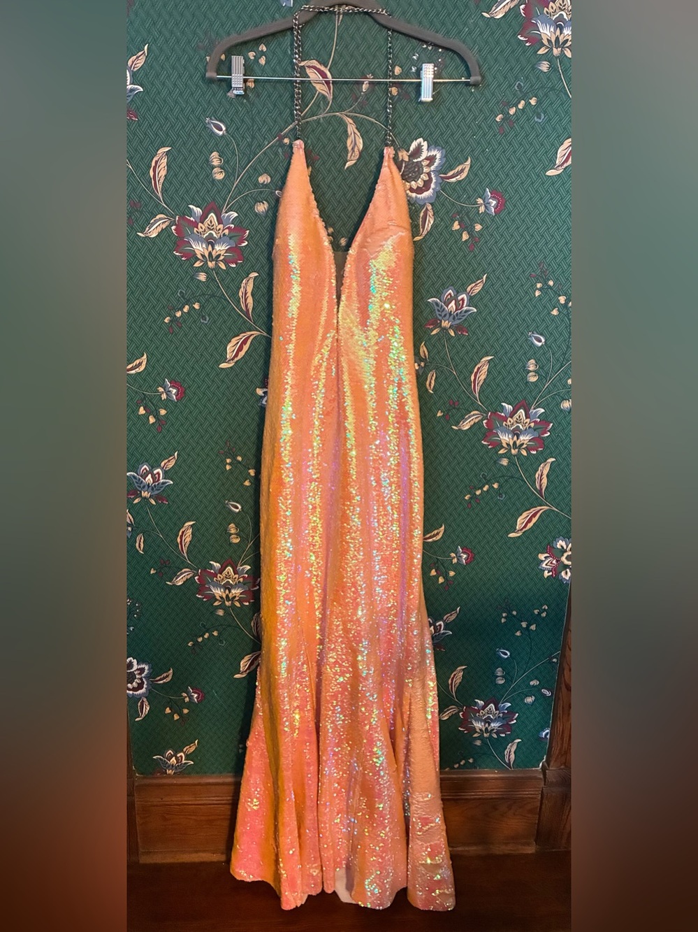Orange Sequin V-Neck Evening Gown With Chain Strap